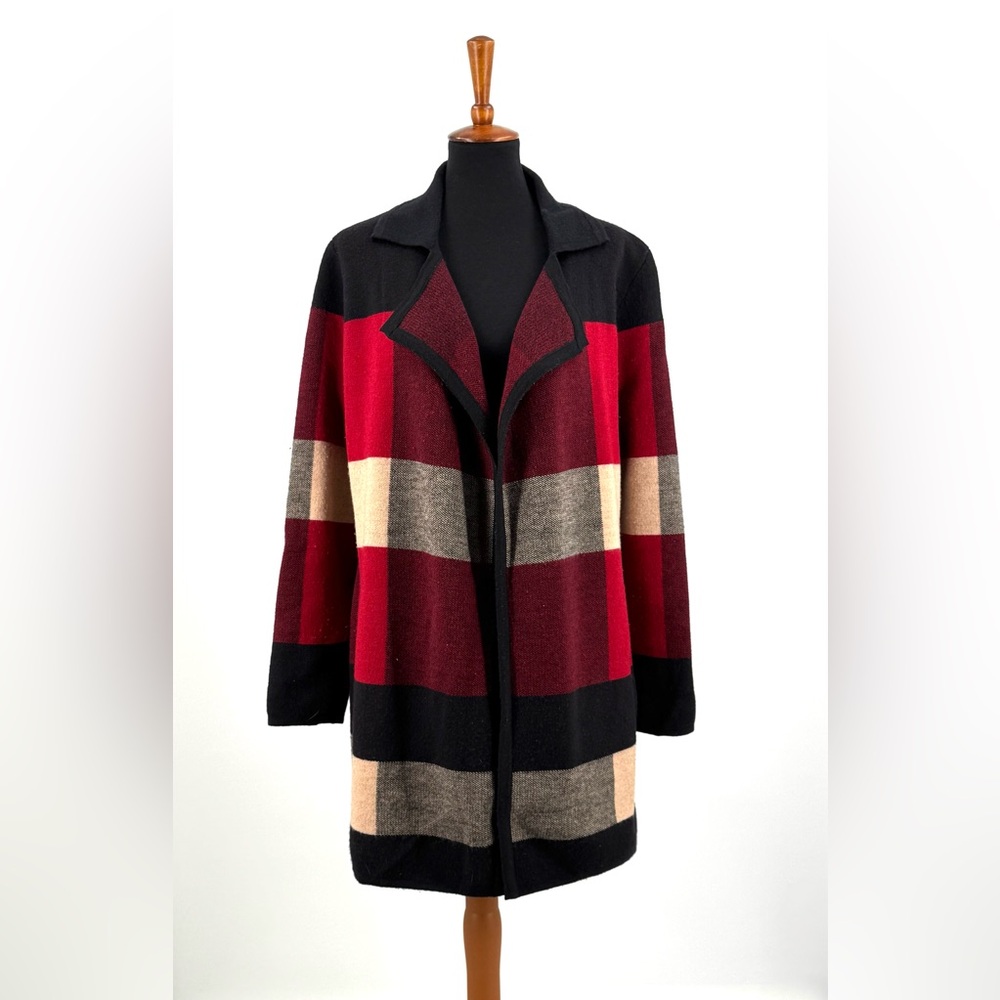 Pendleton Merino Wool Red Black Tan Long Sweater Jacket with Pockets Size L